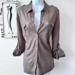 Gerard Darel 100% Linen Mocha Brown Button Down Minimalist Top Size L
